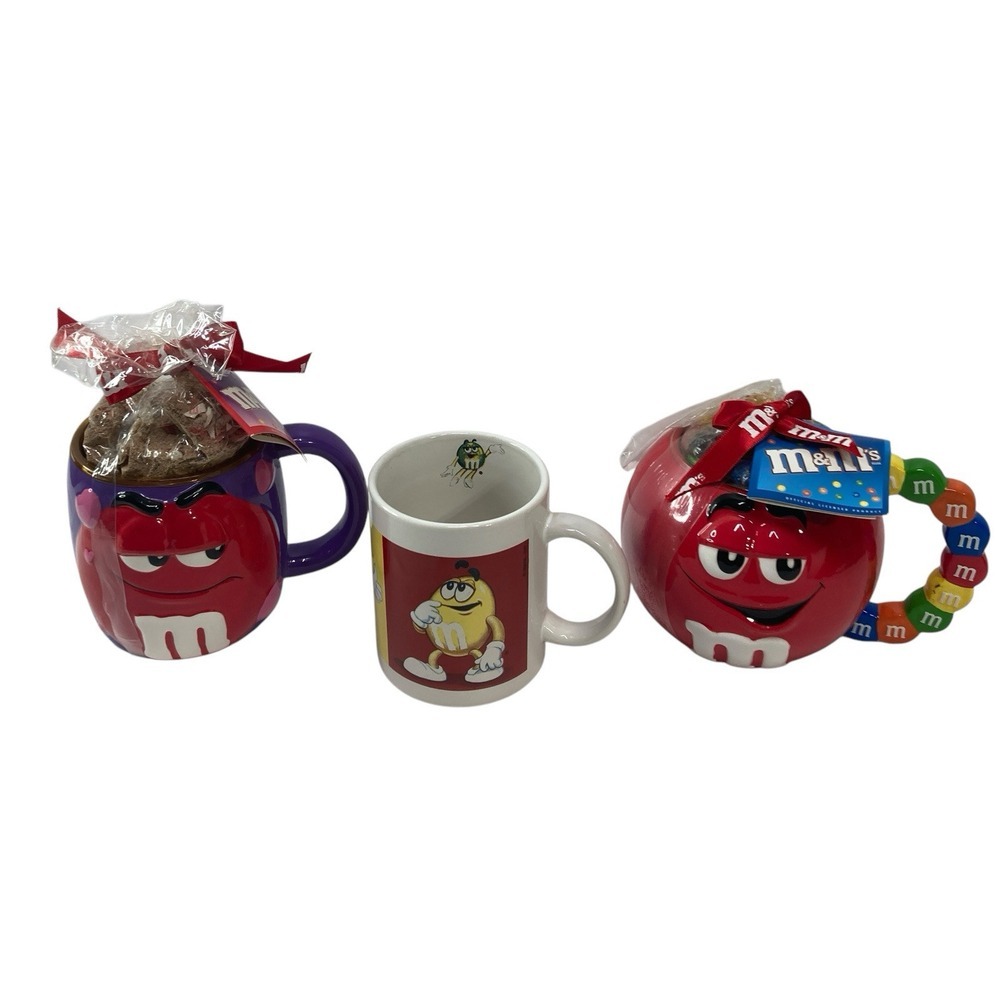 VTG Lot of‎ 3 M&M Ceramic Hearts  Coffee Mug Cup Red Purple White 4" x 3"